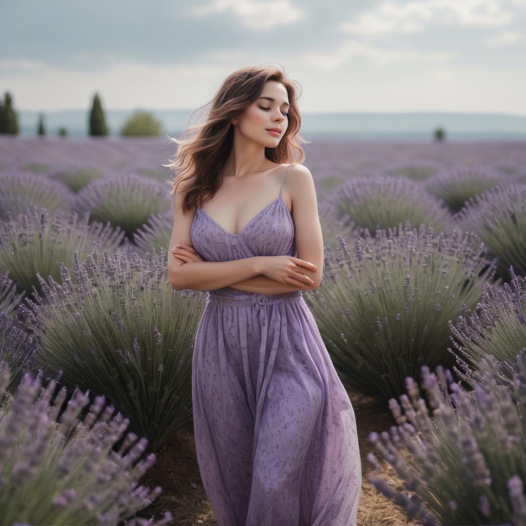 A stunning image of dreamy woman standing in a field of lavender.