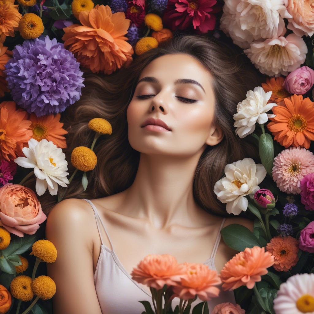 A stunning image of dreamy woman surrounded by vibrant flowers.