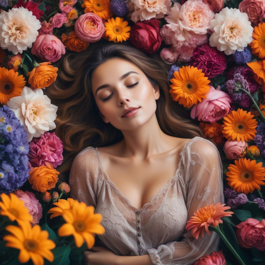 A stunning image of dreamy woman surrounded by vibrant flowers.