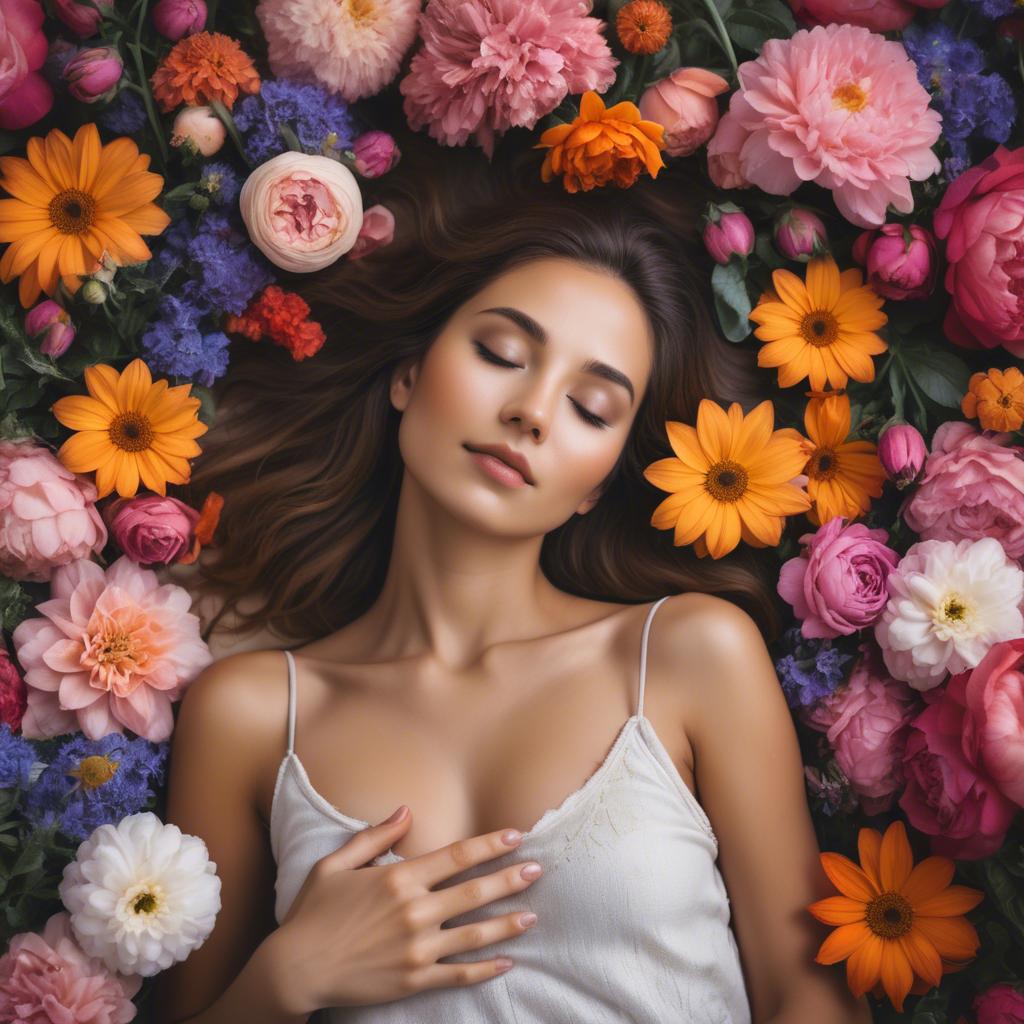 A stunning image of dreamy woman surrounded by vibrant flowers.
