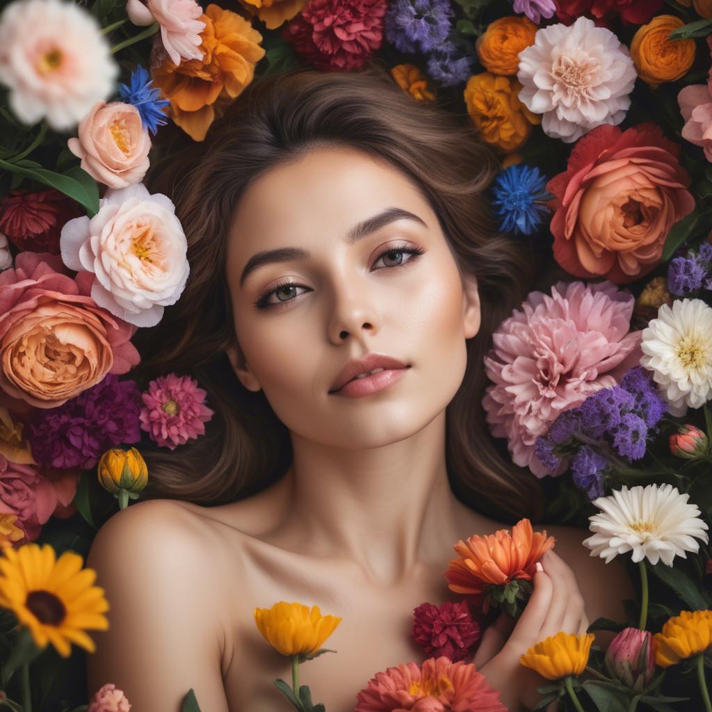 A stunning image of dreamy woman surrounded by vibrant flowers.