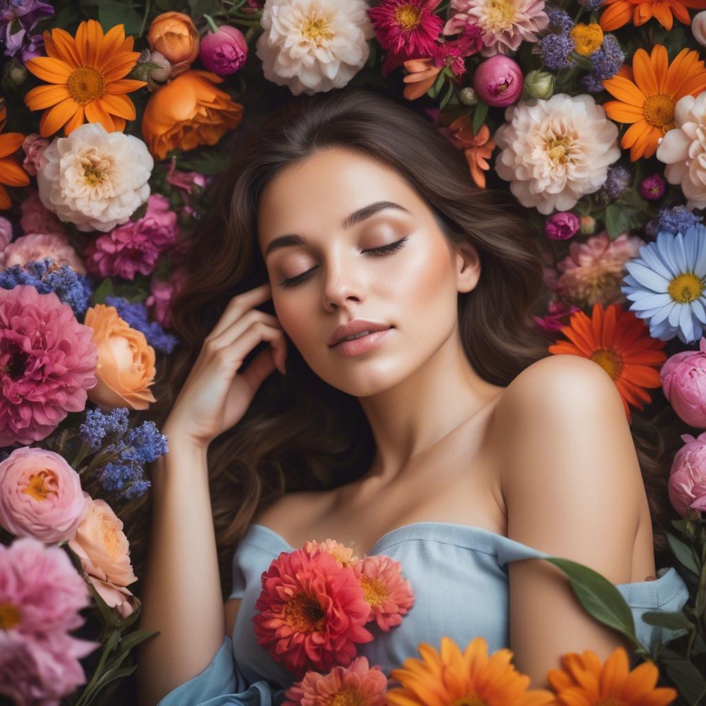 A stunning image of dreamy woman surrounded by vibrant flowers.