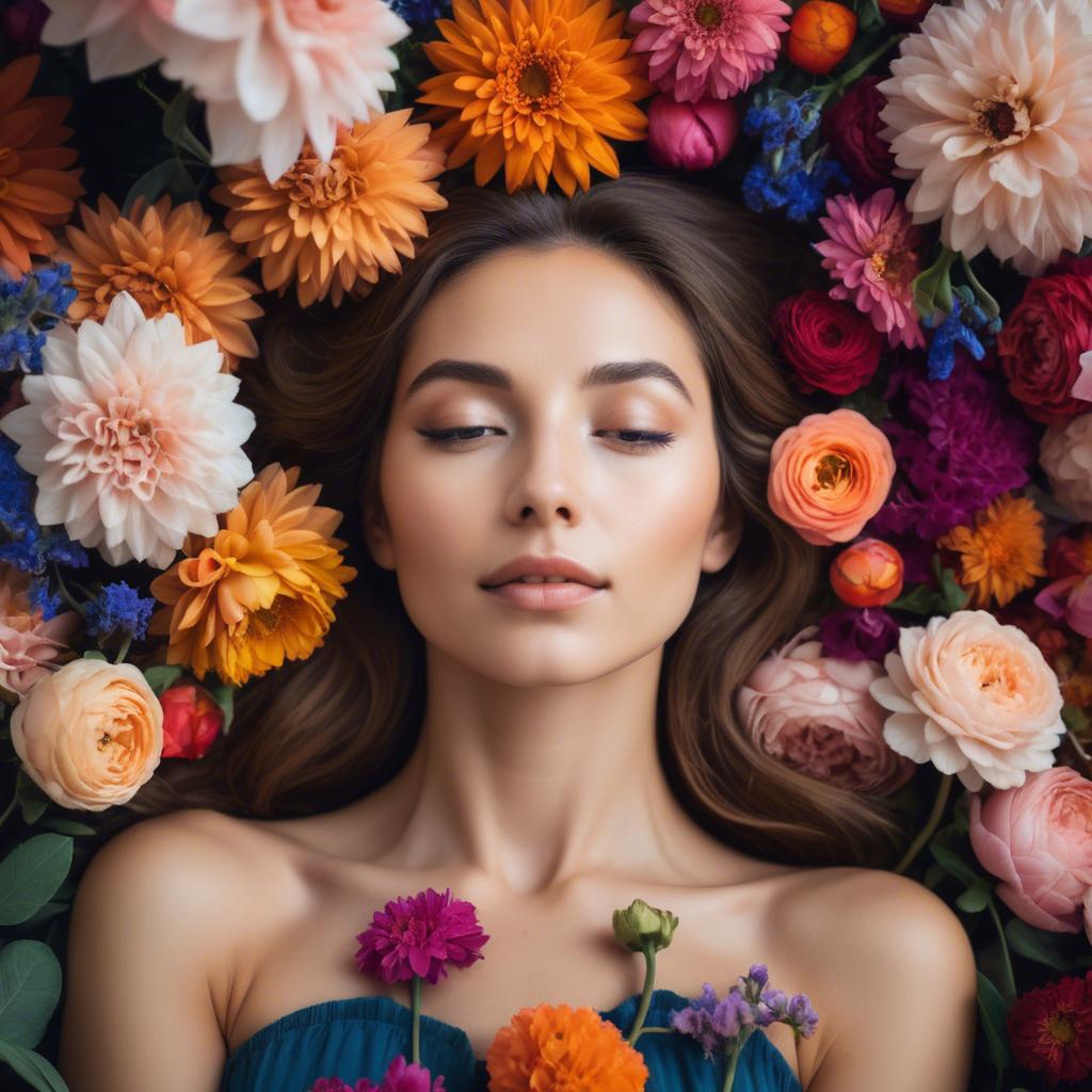 A stunning image of dreamy woman surrounded by vibrant flowers.