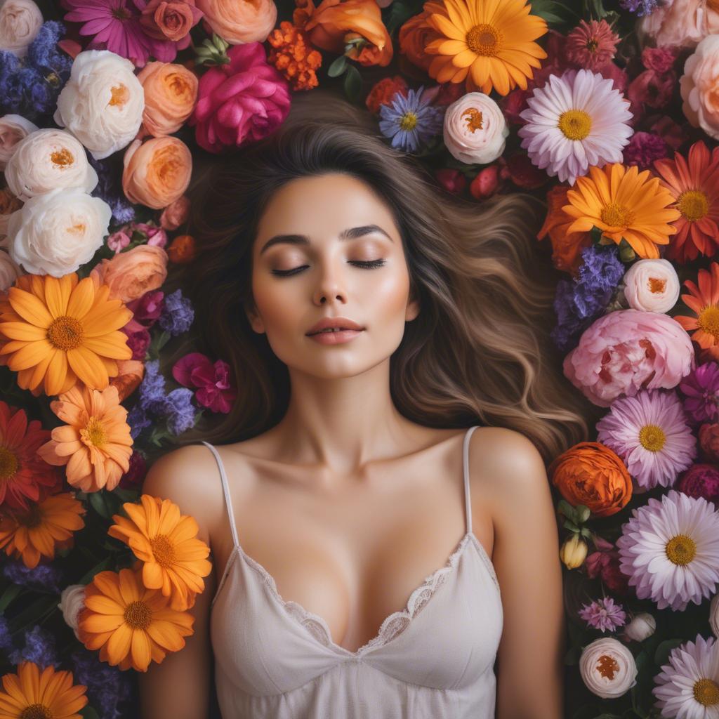 A stunning image of dreamy woman surrounded by vibrant flowers.