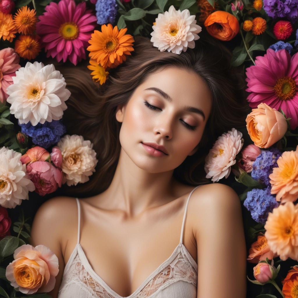 A stunning image of dreamy woman surrounded by vibrant flowers.