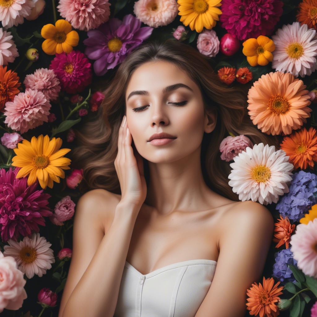 A stunning image of dreamy woman surrounded by vibrant flowers.