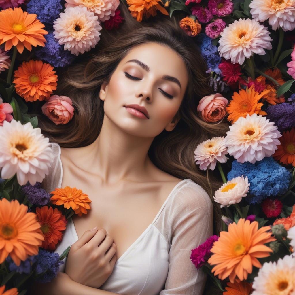 A stunning image of dreamy woman surrounded by vibrant flowers.