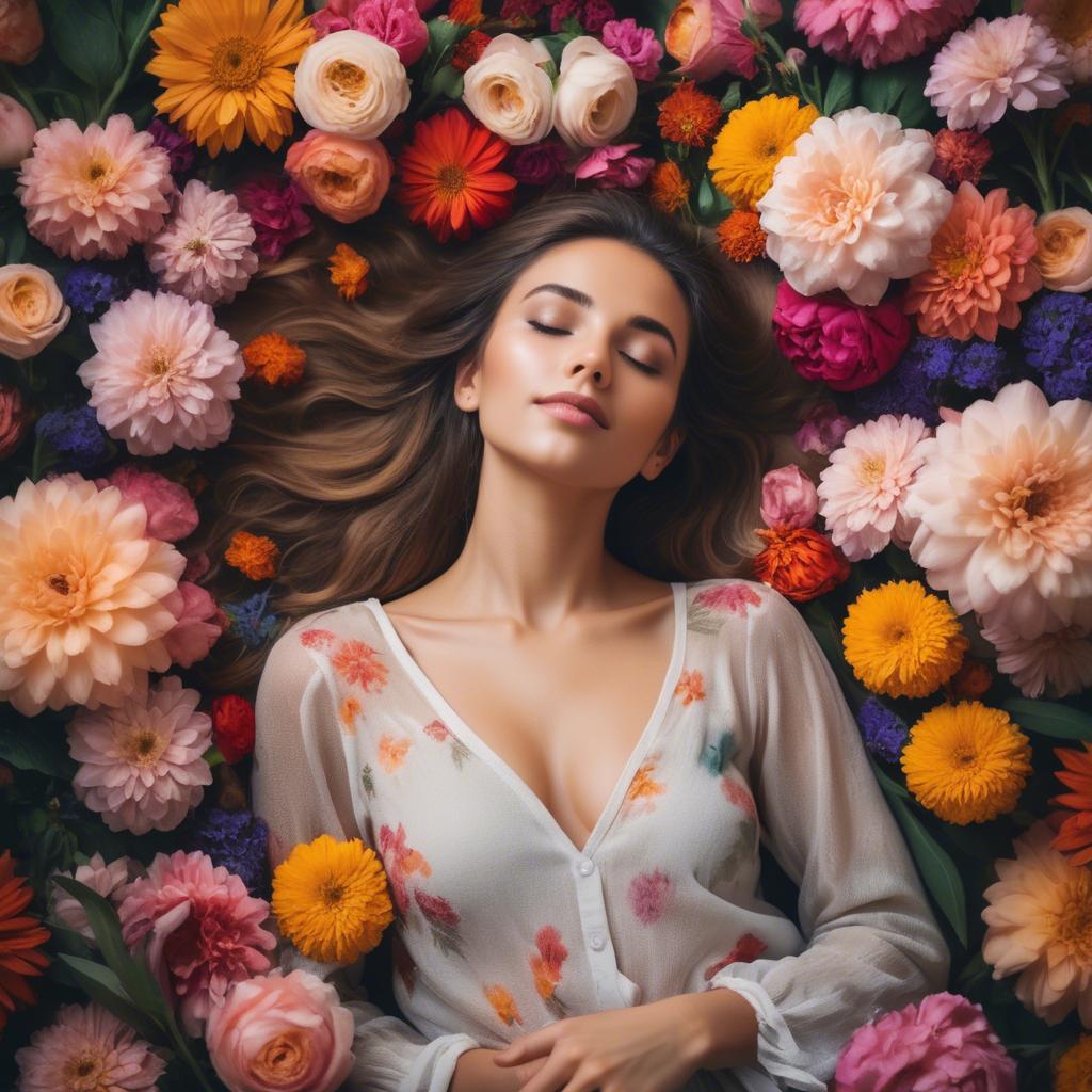 A stunning image of dreamy woman surrounded by vibrant flowers.