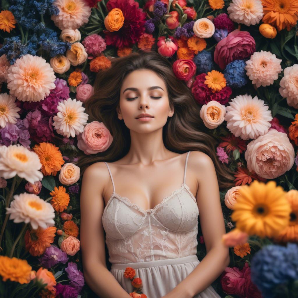 A stunning image of dreamy woman surrounded by vibrant flowers.