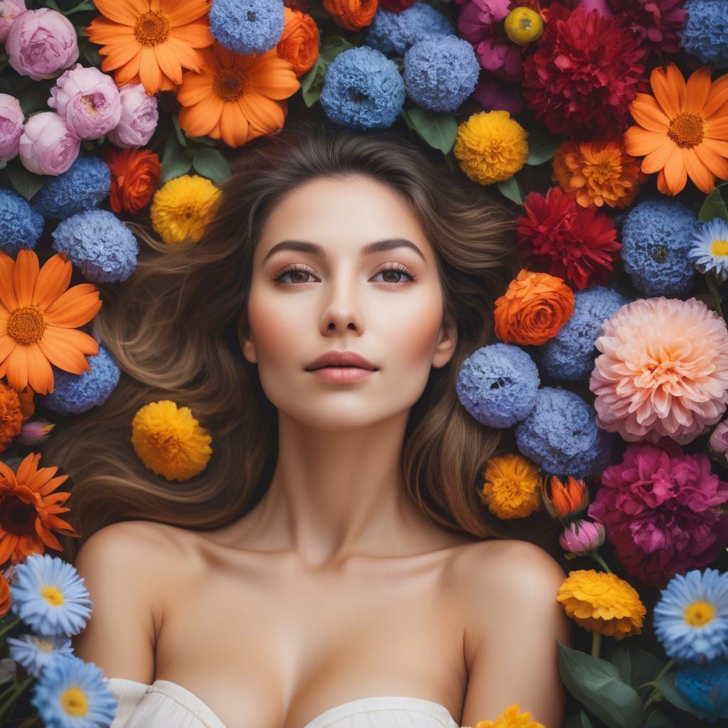 A stunning image of dreamy woman surrounded by vibrant flowers.