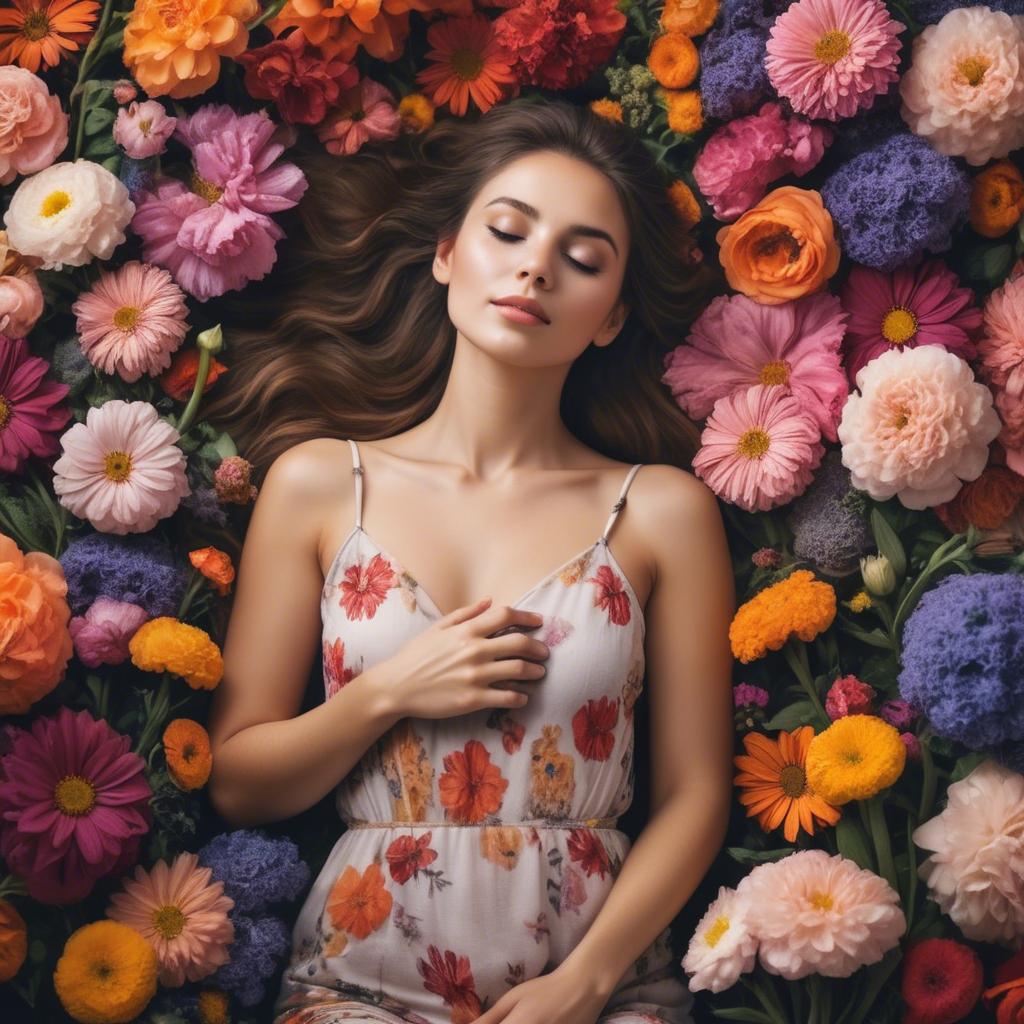 A stunning image of dreamy woman surrounded by vibrant flowers.