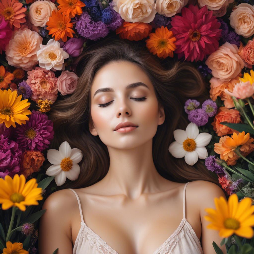 A stunning image of dreamy woman surrounded by vibrant flowers.