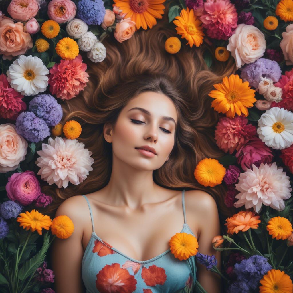 A stunning image of dreamy woman surrounded by vibrant flowers.