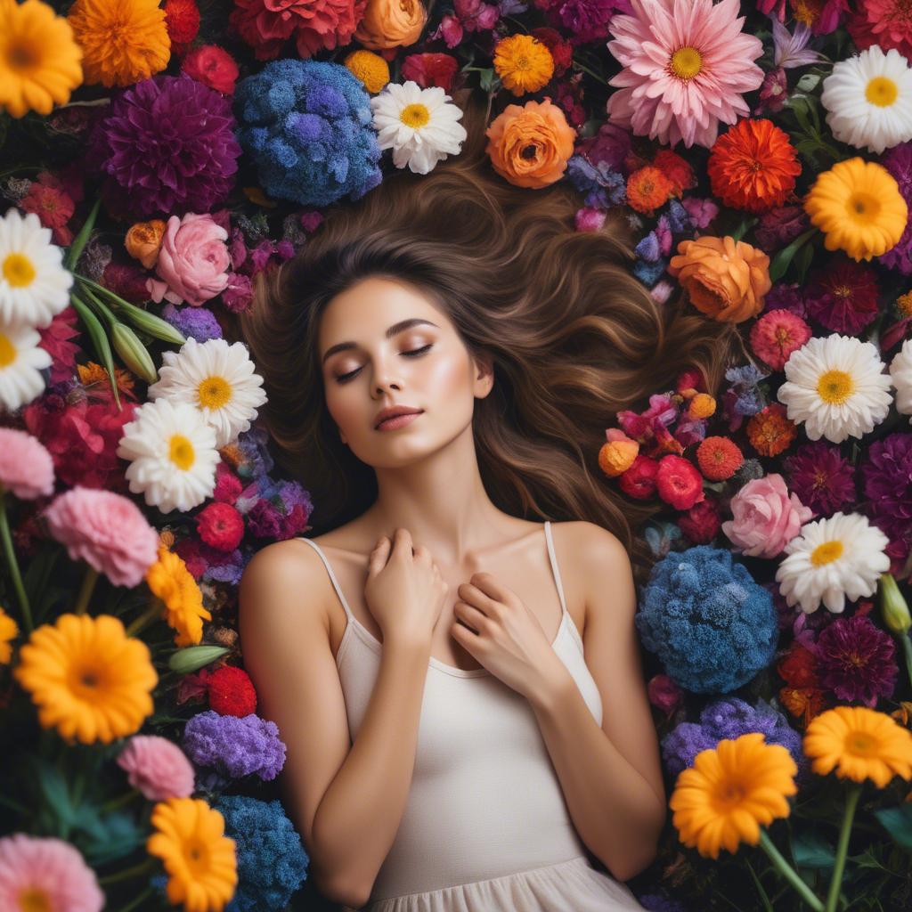 A stunning image of dreamy woman surrounded by vibrant flowers.