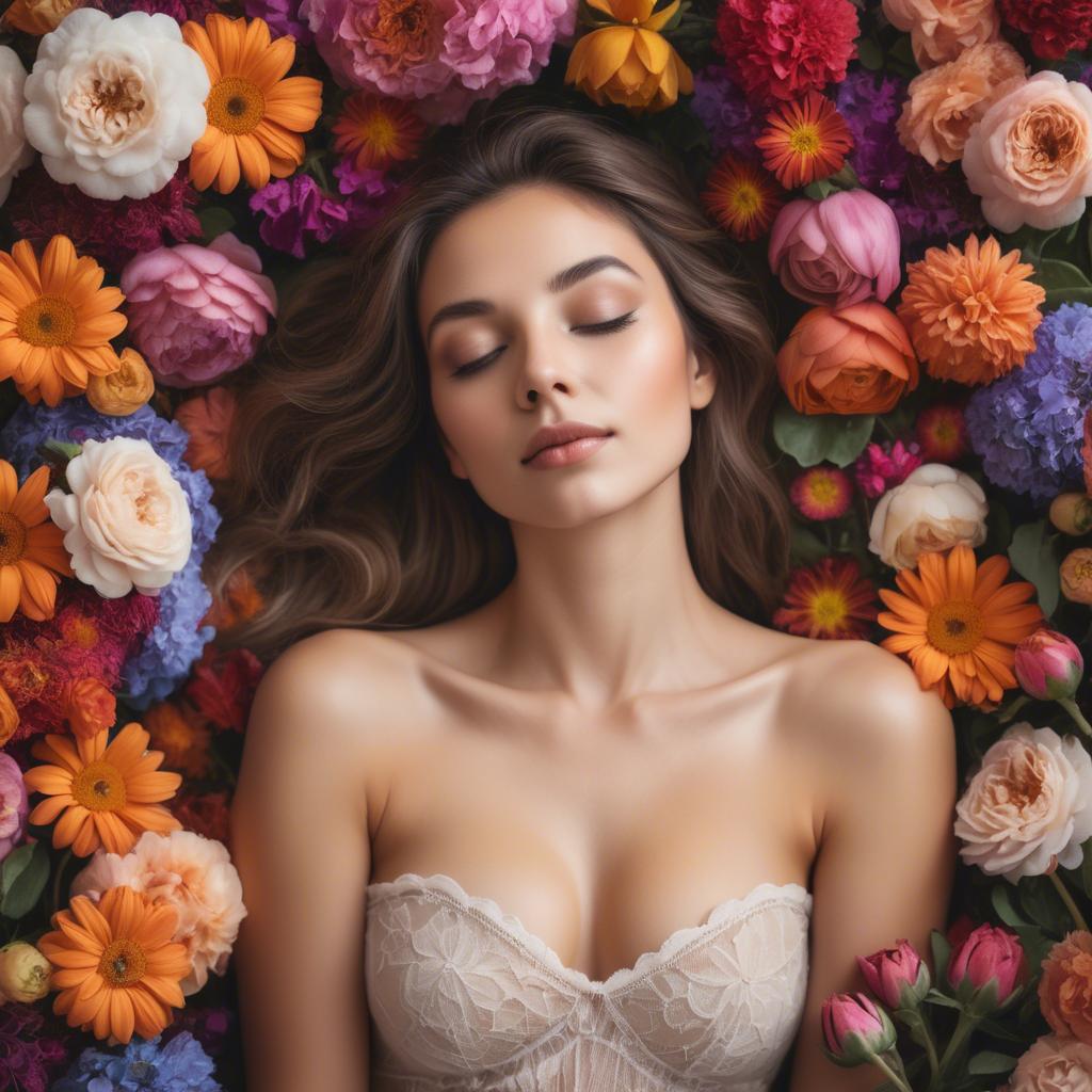 A stunning image of dreamy woman surrounded by vibrant flowers.