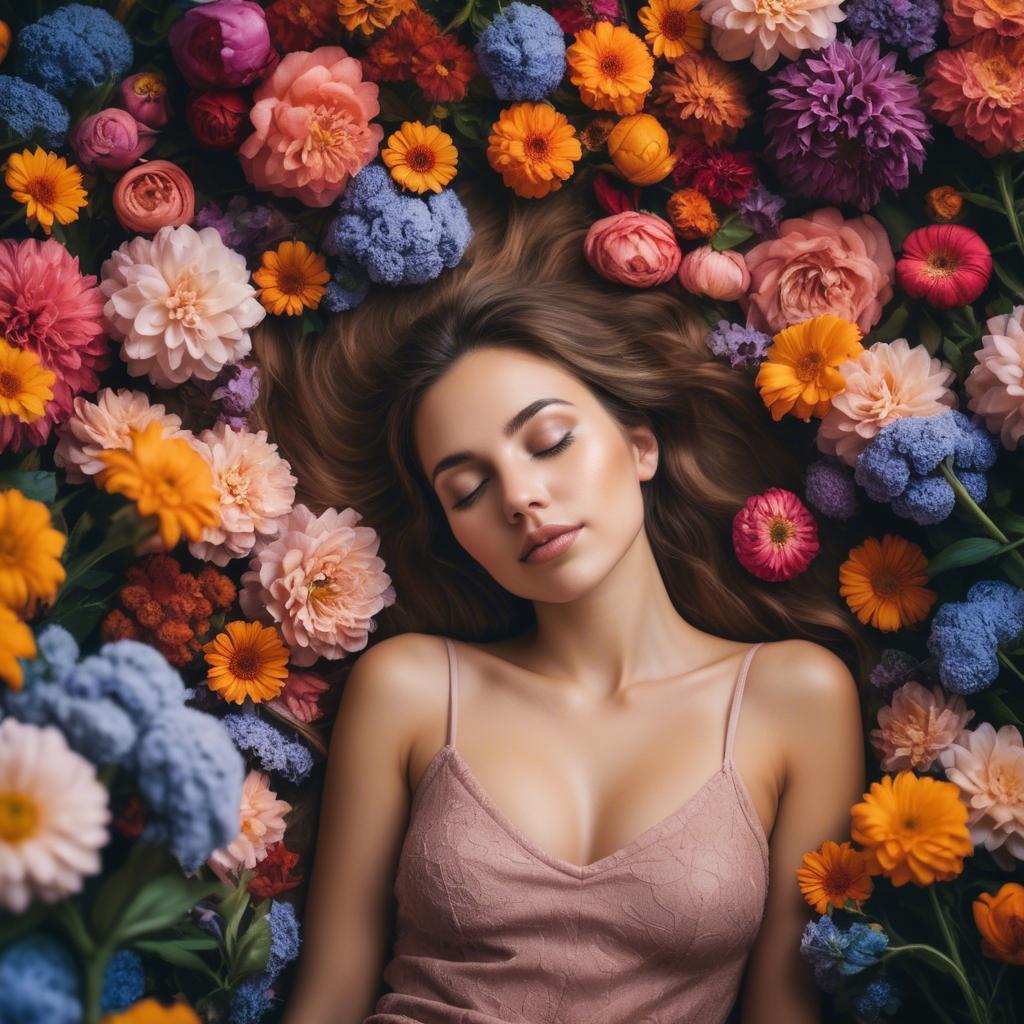 A stunning image of dreamy woman surrounded by vibrant flowers.