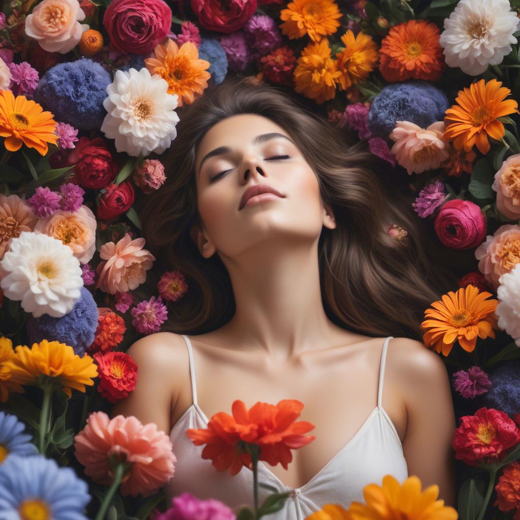 A stunning image of dreamy woman surrounded by vibrant flowers.