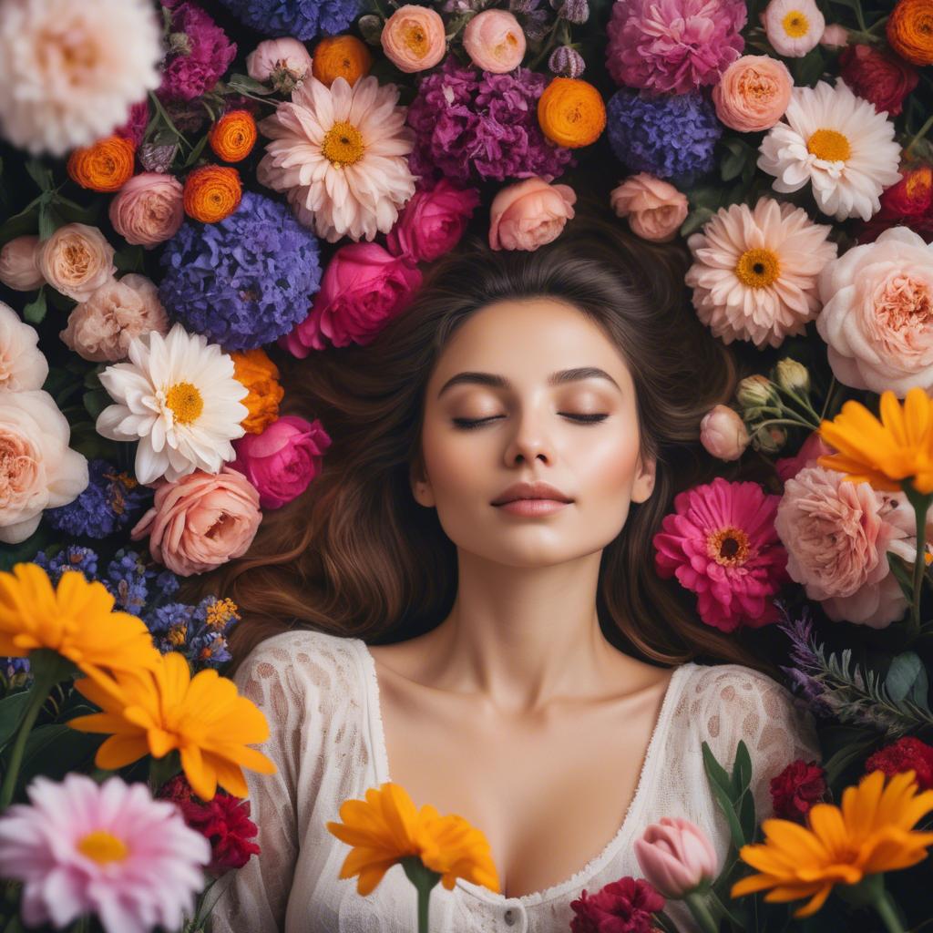 A stunning image of dreamy woman surrounded by vibrant flowers.