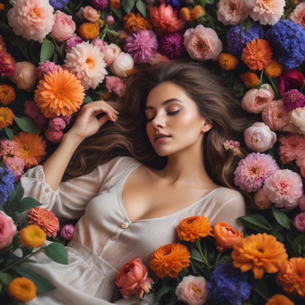 A stunning image of dreamy woman surrounded by vibrant flowers.