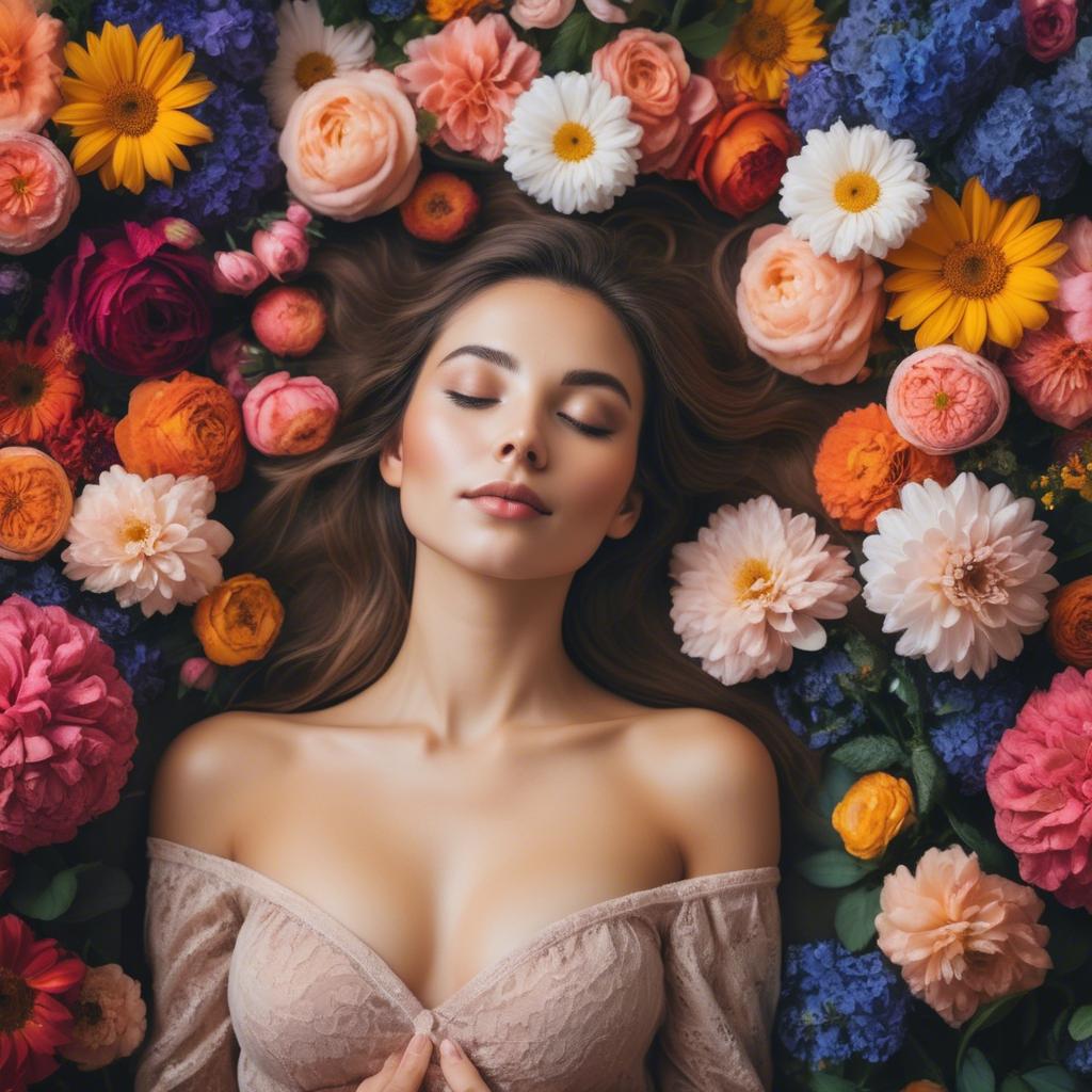 A stunning image of dreamy woman surrounded by vibrant flowers.