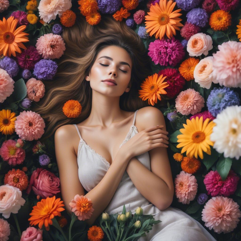 A stunning image of dreamy woman surrounded by vibrant flowers.