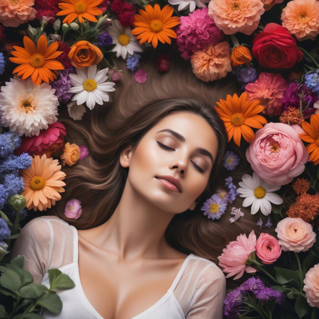A stunning image of dreamy woman surrounded by vibrant flowers.