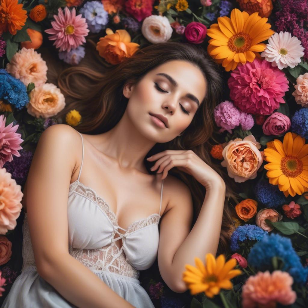 A stunning image of dreamy woman surrounded by vibrant flowers.