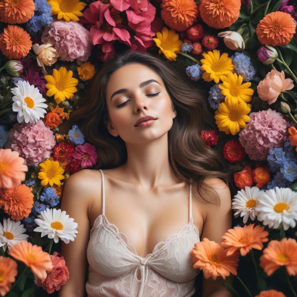 A stunning image of dreamy woman surrounded by vibrant flowers.