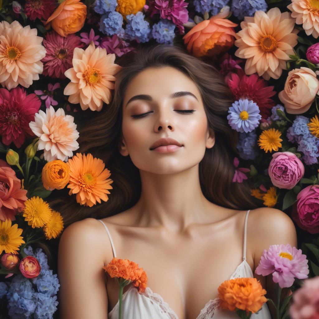 A stunning image of dreamy woman surrounded by vibrant flowers.