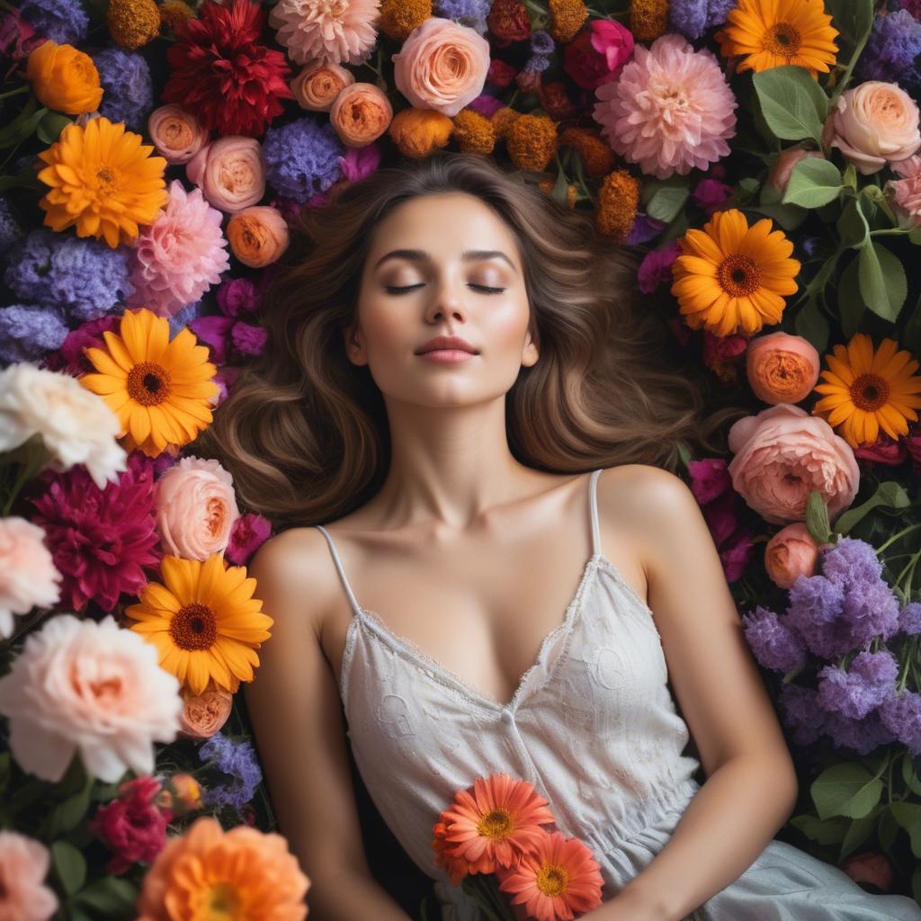 A stunning image of dreamy woman surrounded by vibrant flowers.
