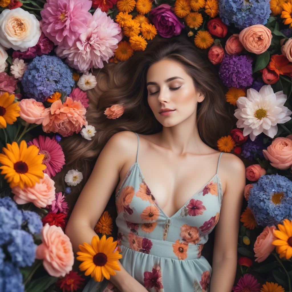 A stunning image of dreamy woman surrounded by vibrant flowers.