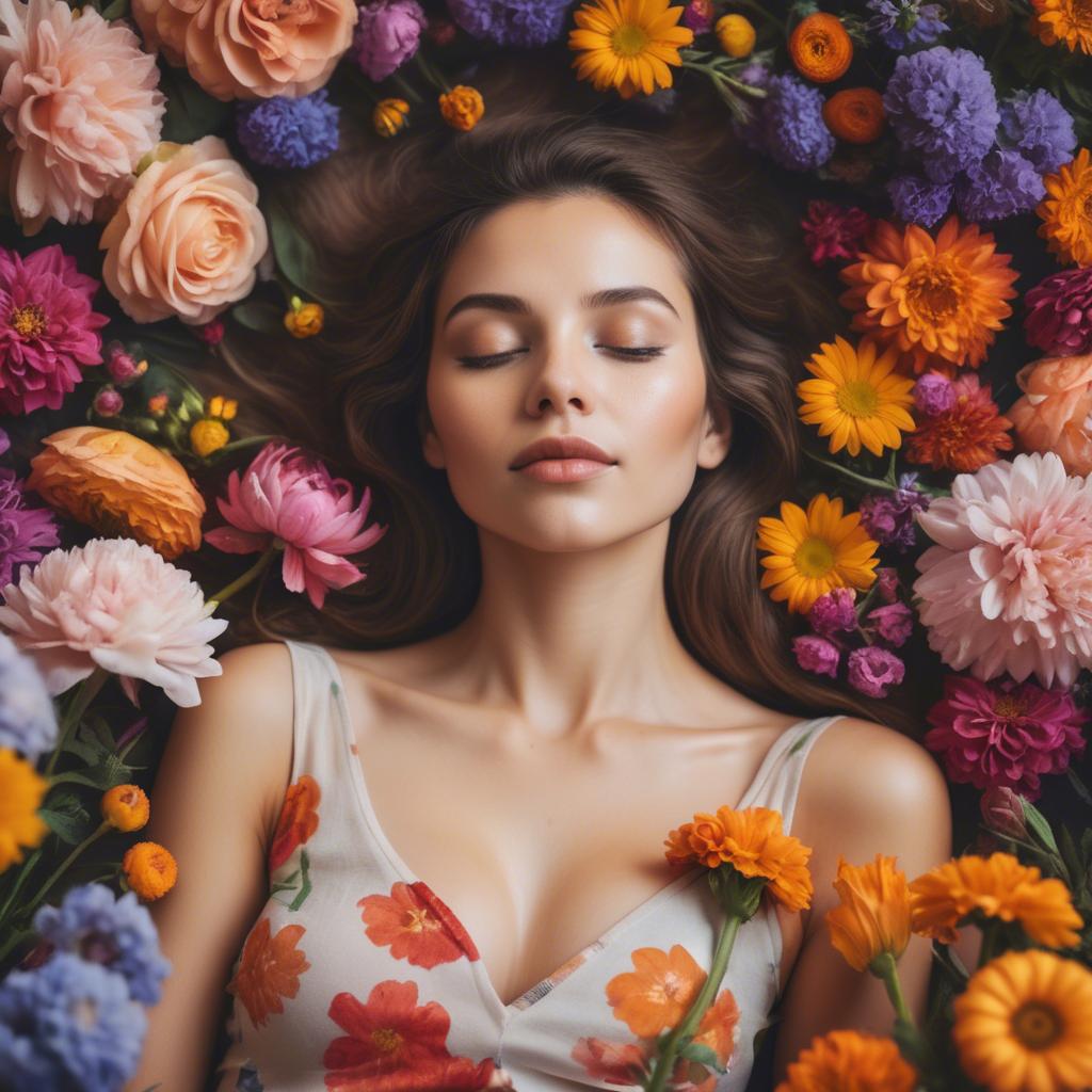 A stunning image of dreamy woman surrounded by vibrant flowers.
