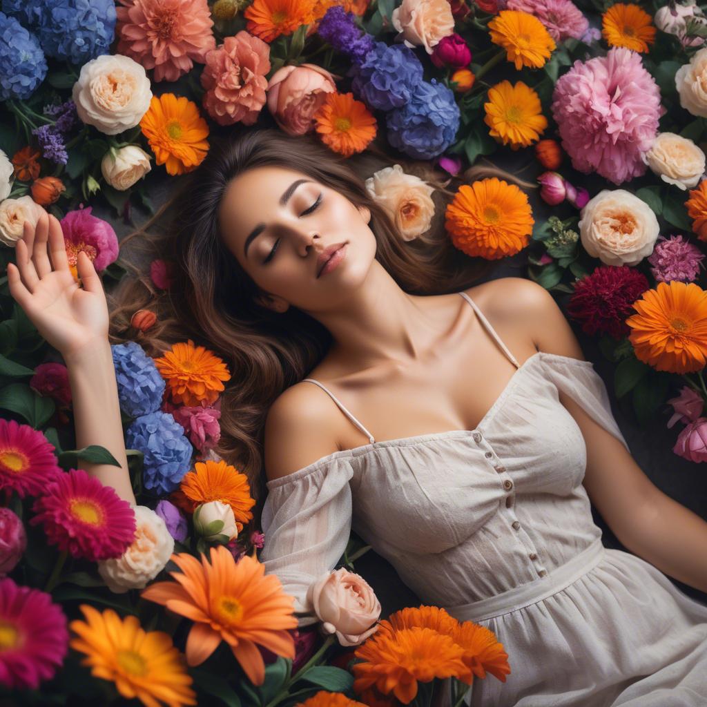 A stunning image of dreamy woman surrounded by vibrant flowers.