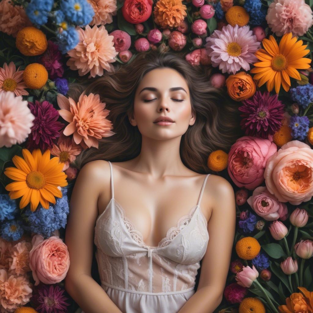 A stunning image of dreamy woman surrounded by vibrant flowers.