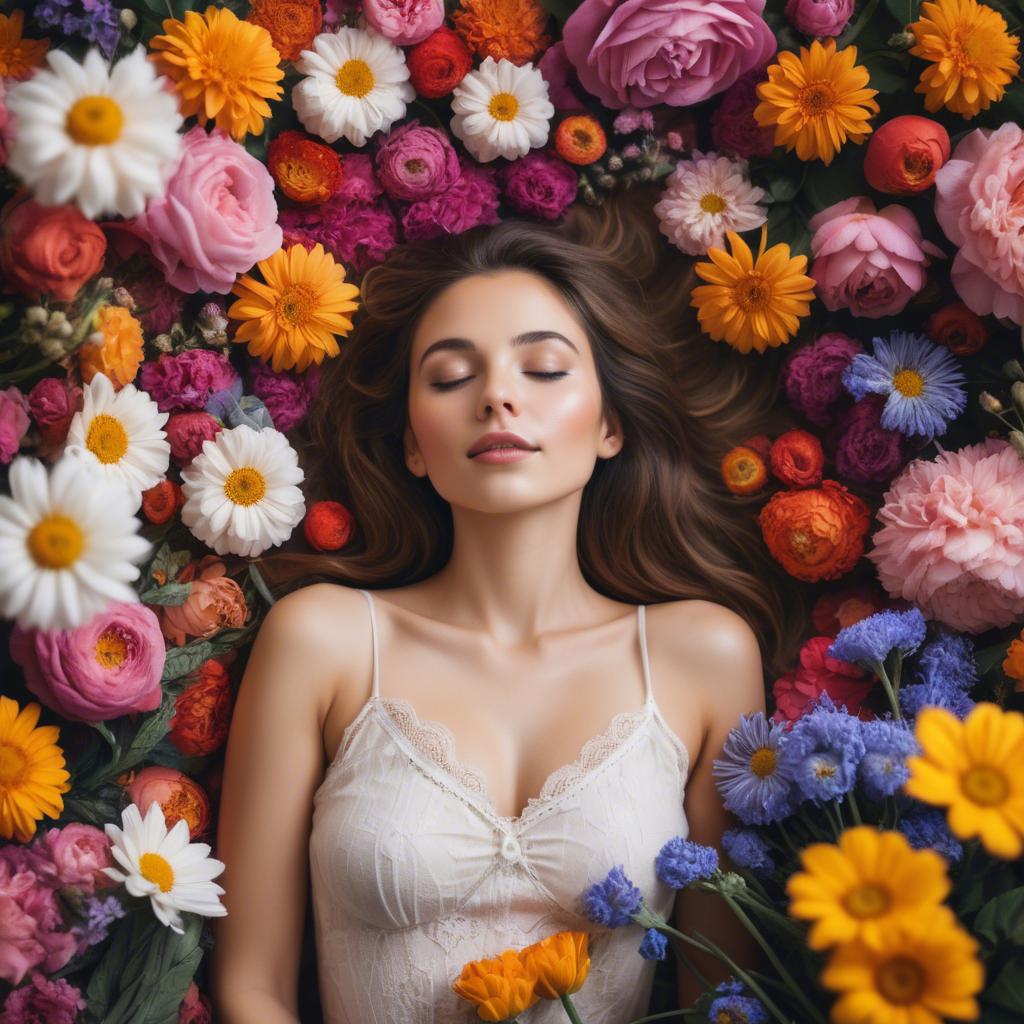 A stunning image of dreamy woman surrounded by vibrant flowers.