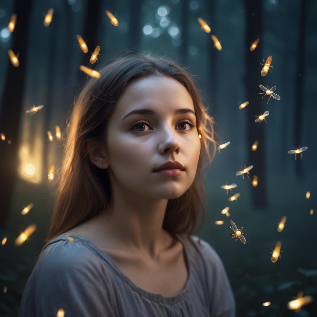 A stunning image of dreamy young woman surrounded by fireflies in twilight.