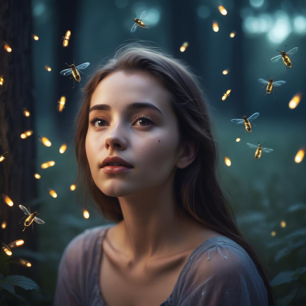 A stunning image of dreamy young woman surrounded by fireflies in twilight.