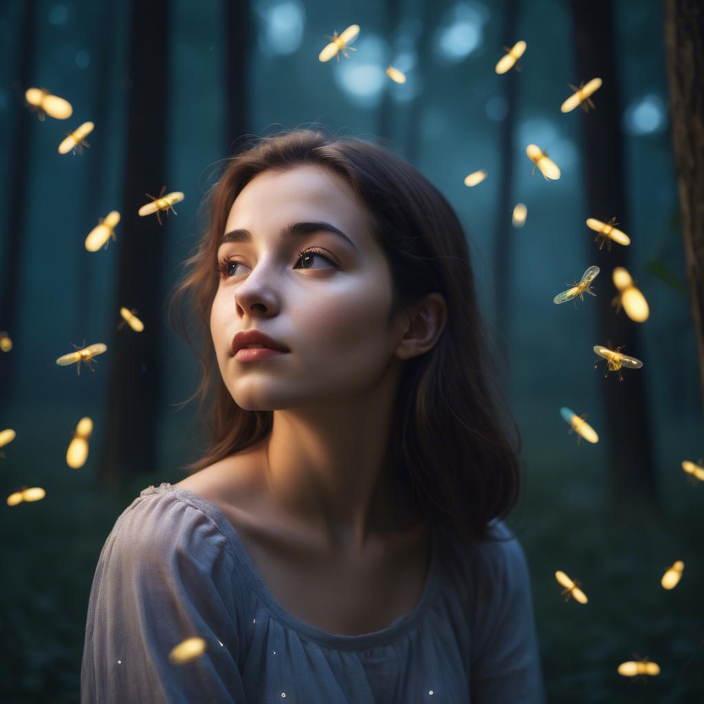 A stunning image of dreamy young woman surrounded by fireflies in twilight.