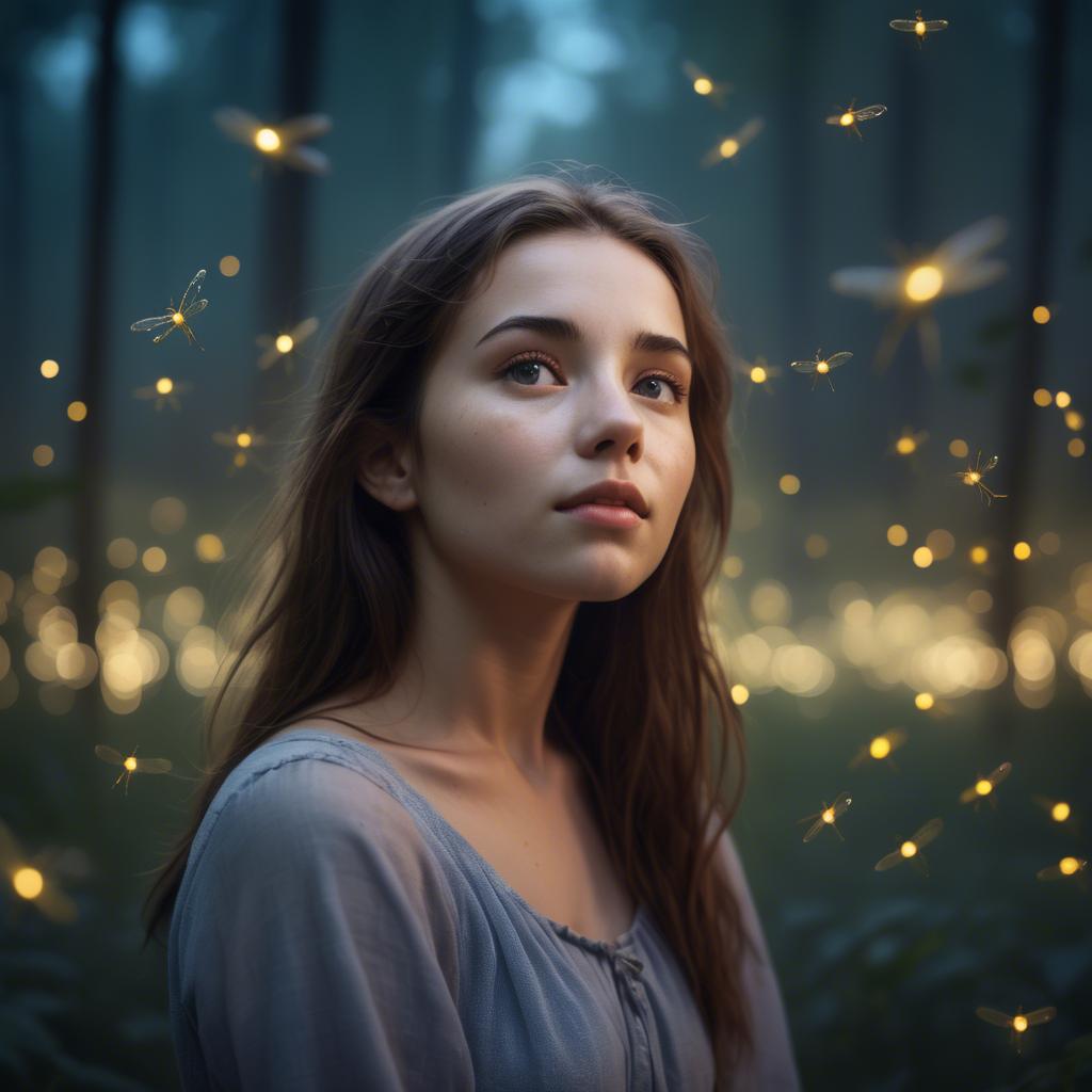 A stunning image of dreamy young woman surrounded by fireflies in twilight.