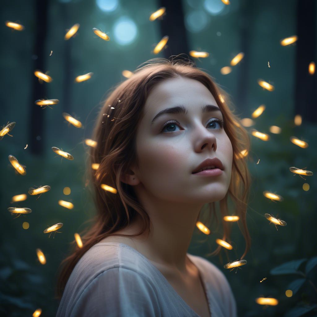 A stunning image of dreamy young woman surrounded by fireflies in twilight.