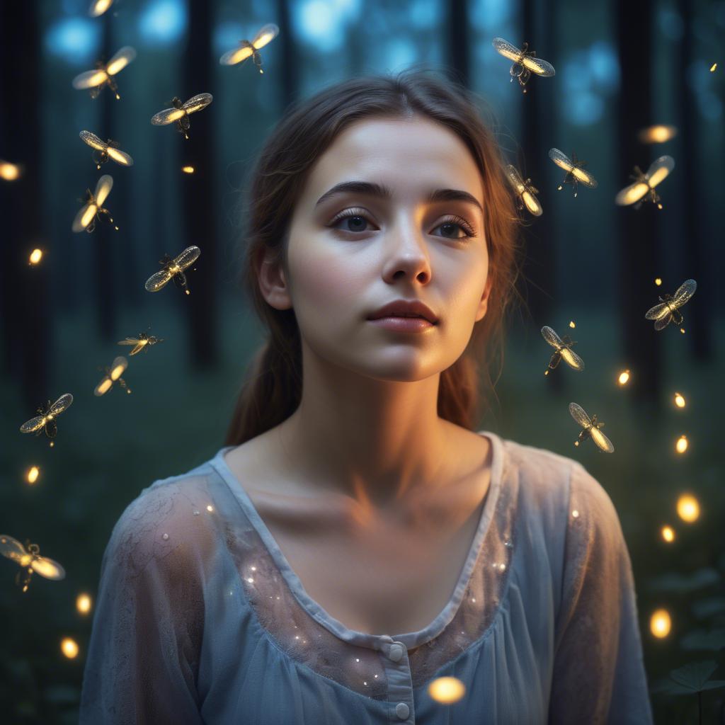 A stunning image of dreamy young woman surrounded by fireflies in twilight.