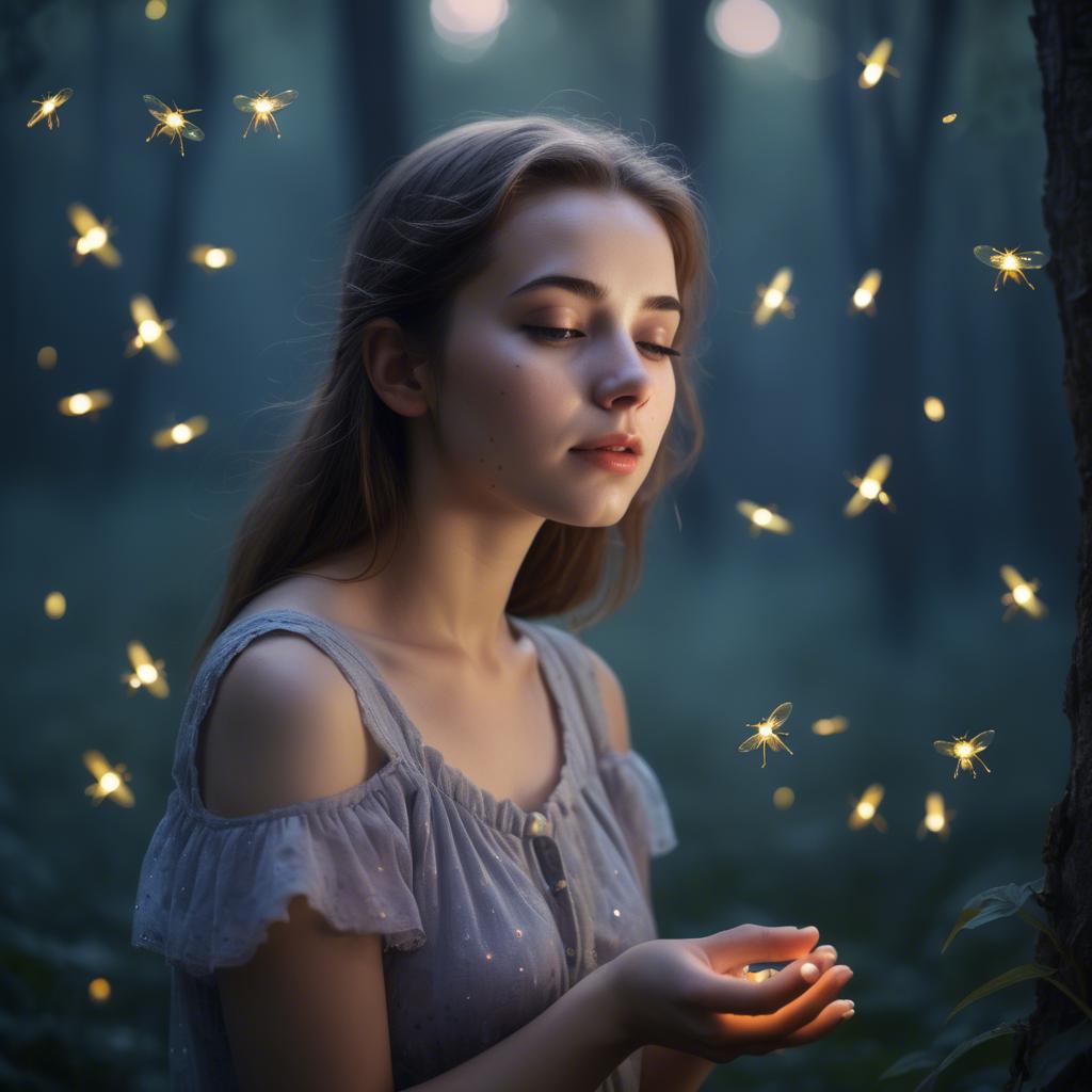 A stunning image of dreamy young woman surrounded by fireflies in twilight.