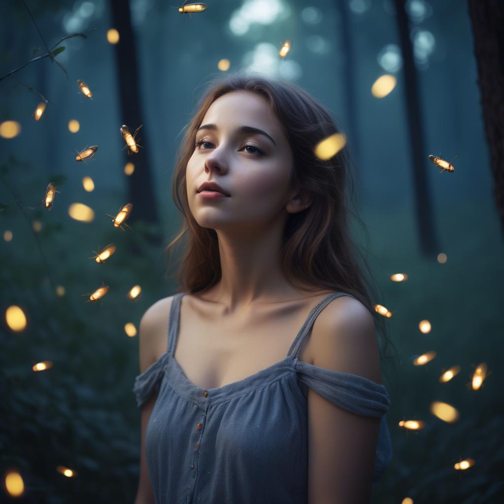 A stunning image of dreamy young woman surrounded by fireflies in twilight.