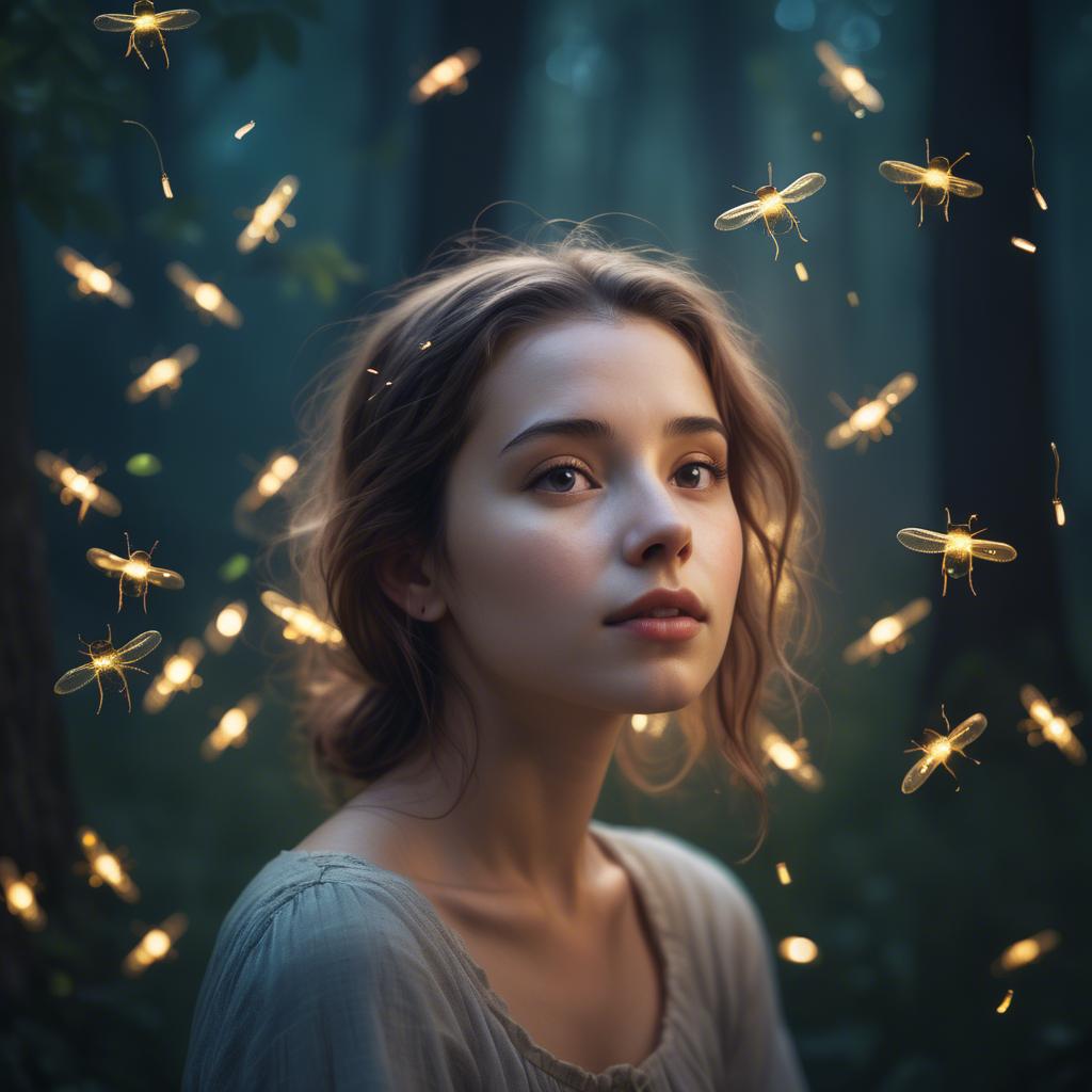 A stunning image of dreamy young woman surrounded by fireflies in twilight.