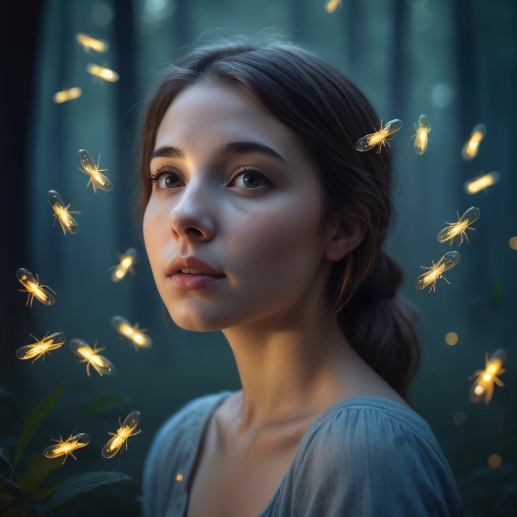 A stunning image of dreamy young woman surrounded by fireflies in twilight.