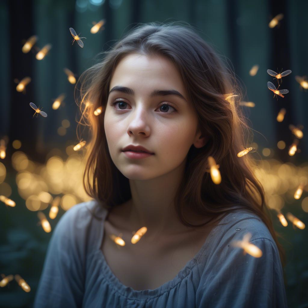 A stunning image of dreamy young woman surrounded by fireflies in twilight.