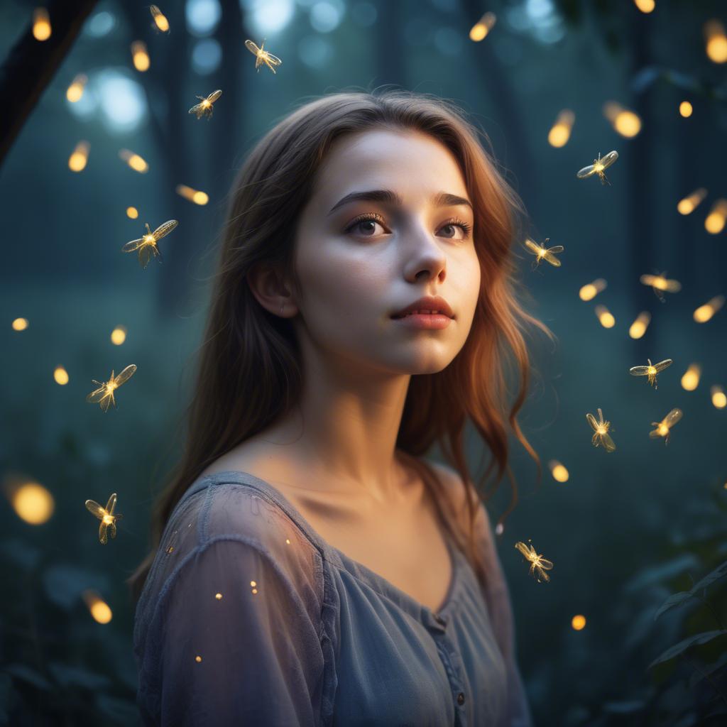 A stunning image of dreamy young woman surrounded by fireflies in twilight.