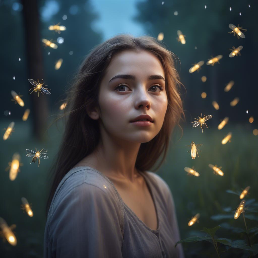 A stunning image of dreamy young woman surrounded by fireflies in twilight.