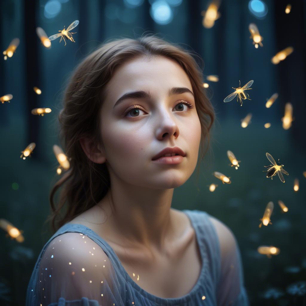 A stunning image of dreamy young woman surrounded by fireflies in twilight.