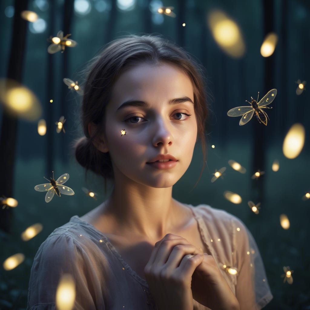 A stunning image of dreamy young woman surrounded by fireflies in twilight.